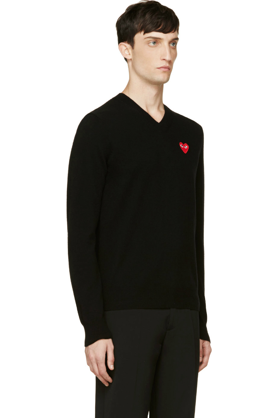 Черный мужской шерстяной свитер с V-вырезом и красным сердцем, Comme des Garcons